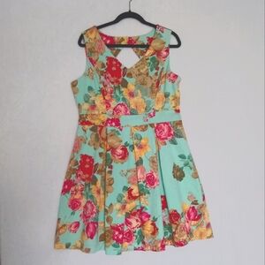 Tiana B. Teal Blue With Red & Cream Florals V-neck Pleated Mini Dress Retro 50's